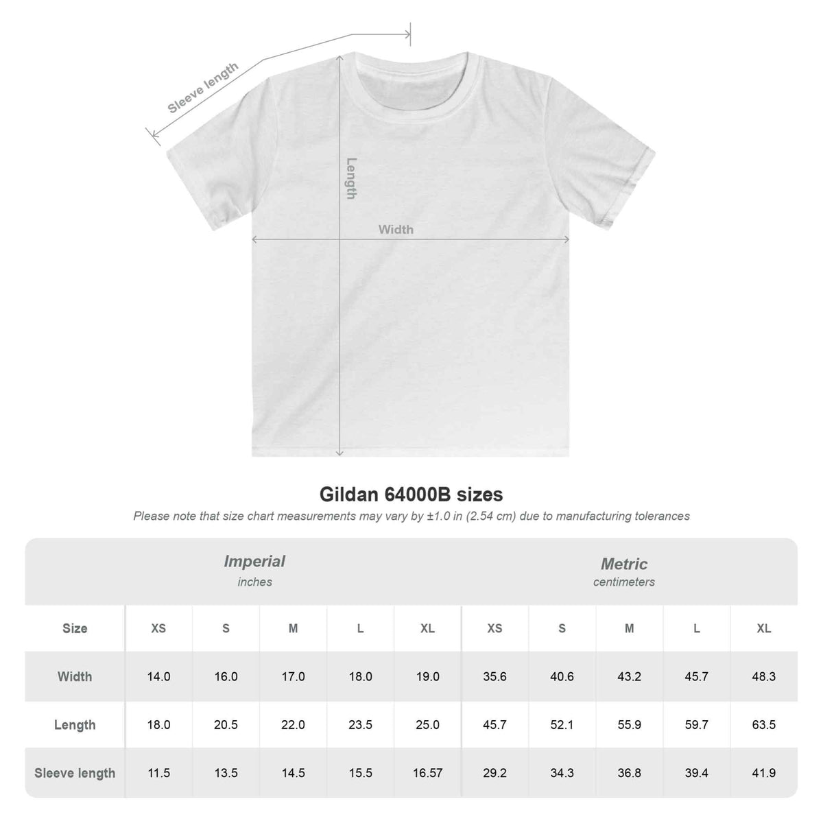 White t-shirt with measurement lines and a size chart on a white background