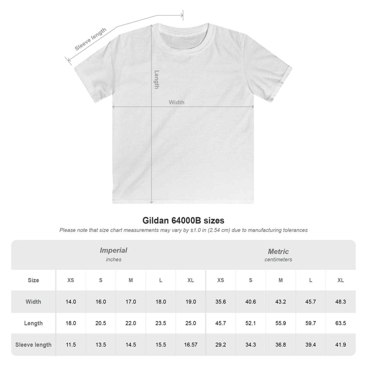 White t-shirt with measurement lines and a size chart on a white background