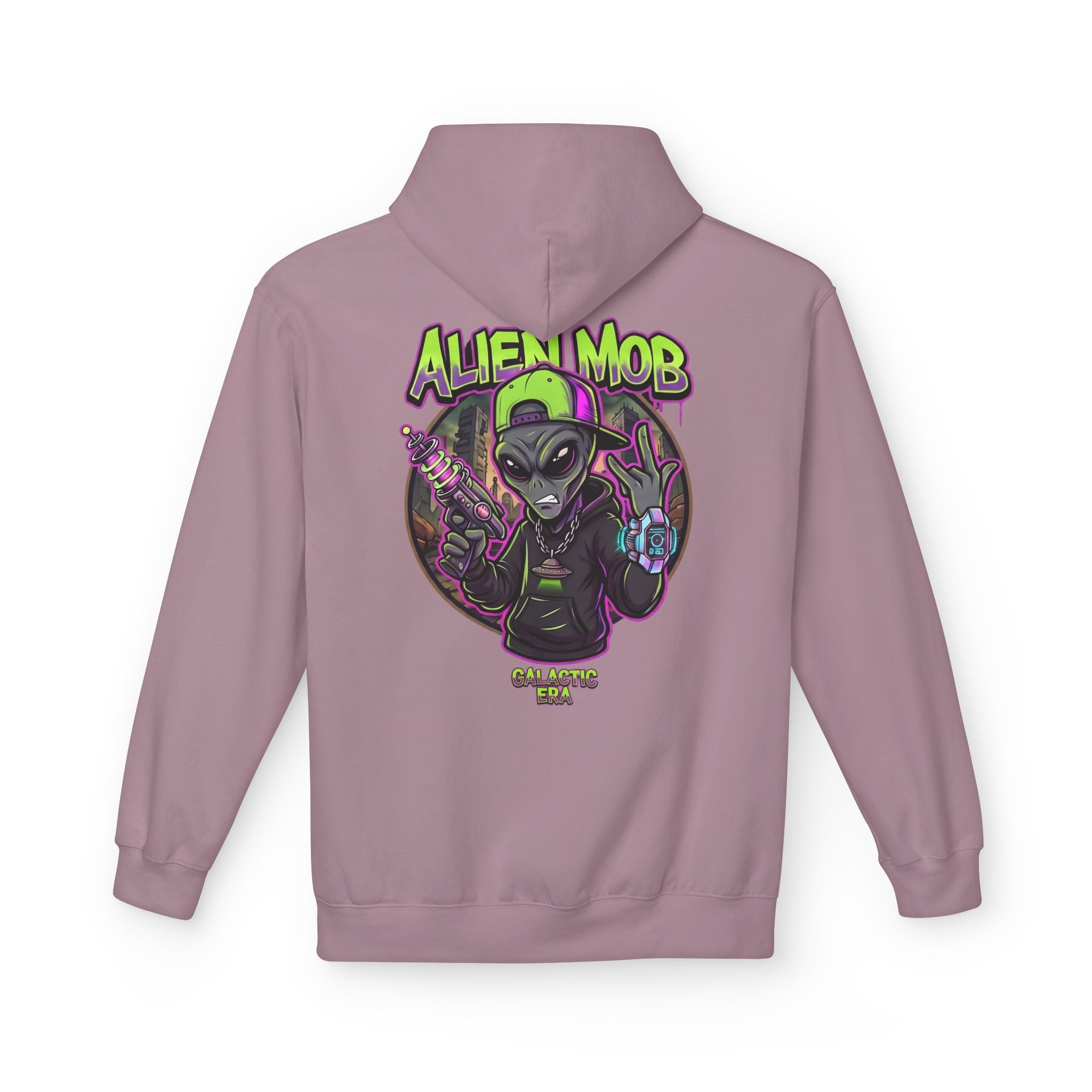 Paragon alien hip hop pullover hoodie back view with bold Alien Mob Galactic Era graphic print – streetwear

