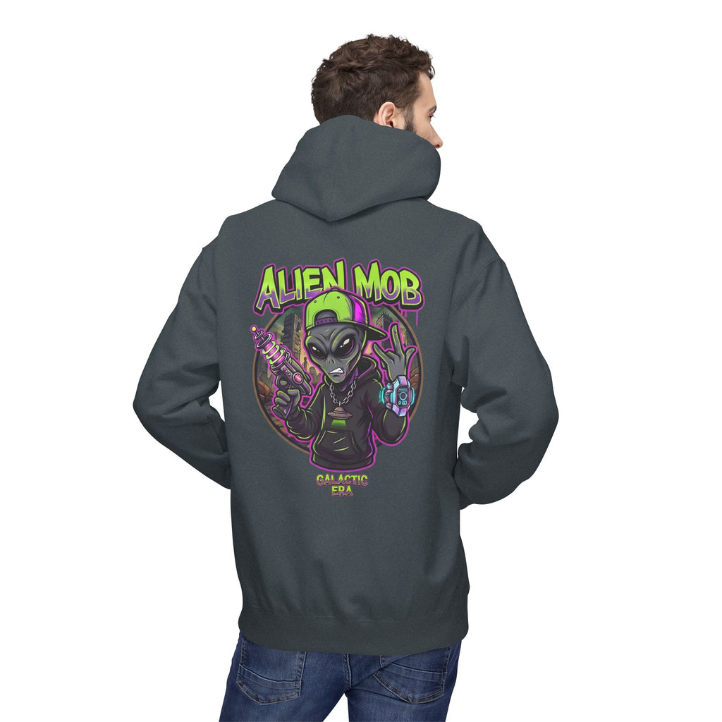 Dark heather gray alien hip hop pullover hoodie worn by man back view showing bold Alien Mob Galactic Era graphic – streetwear

