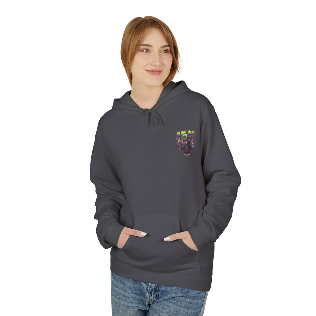 Smoke gray alien hip hop pullover hoodie worn by woman front view showing Alien Mob chest crest – Galactic Era streetwear

