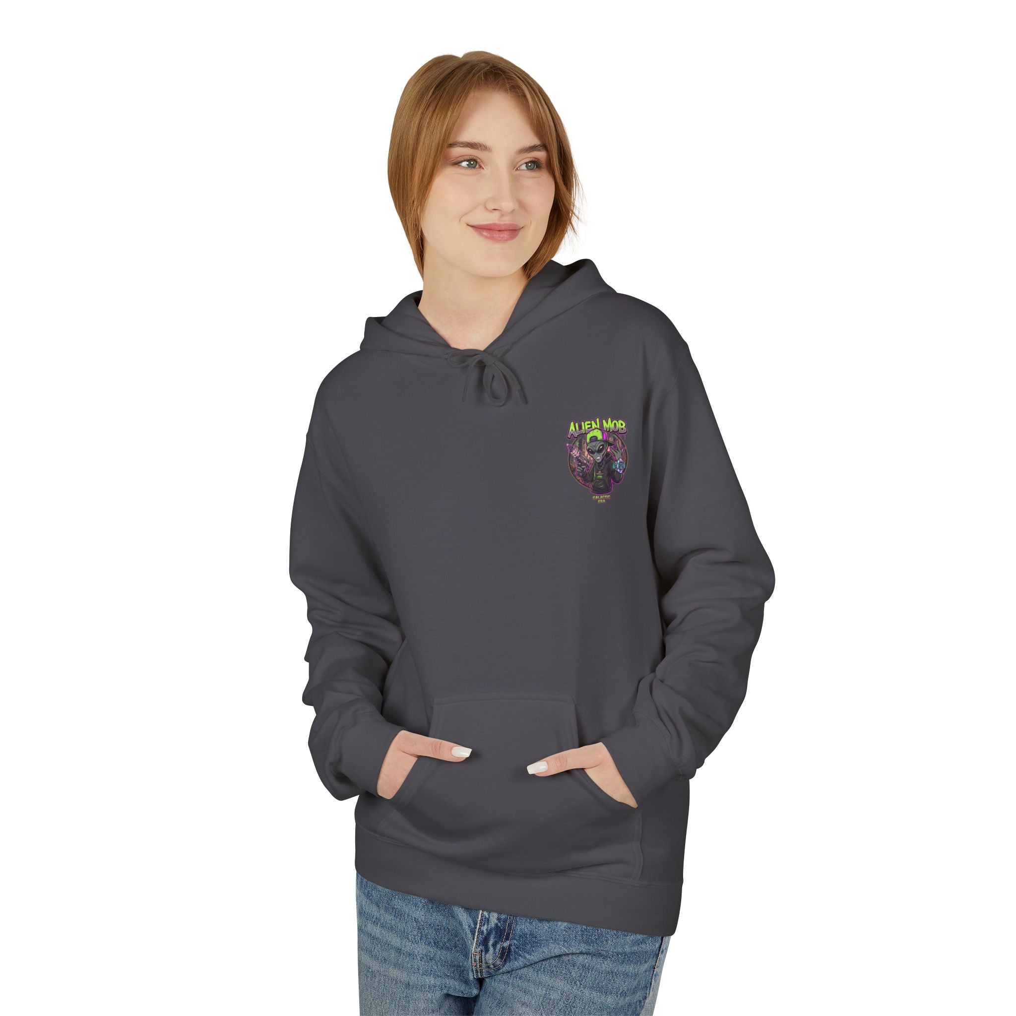 Smoke gray alien hip hop pullover hoodie worn by woman front view showing Alien Mob chest crest – Galactic Era streetwear

