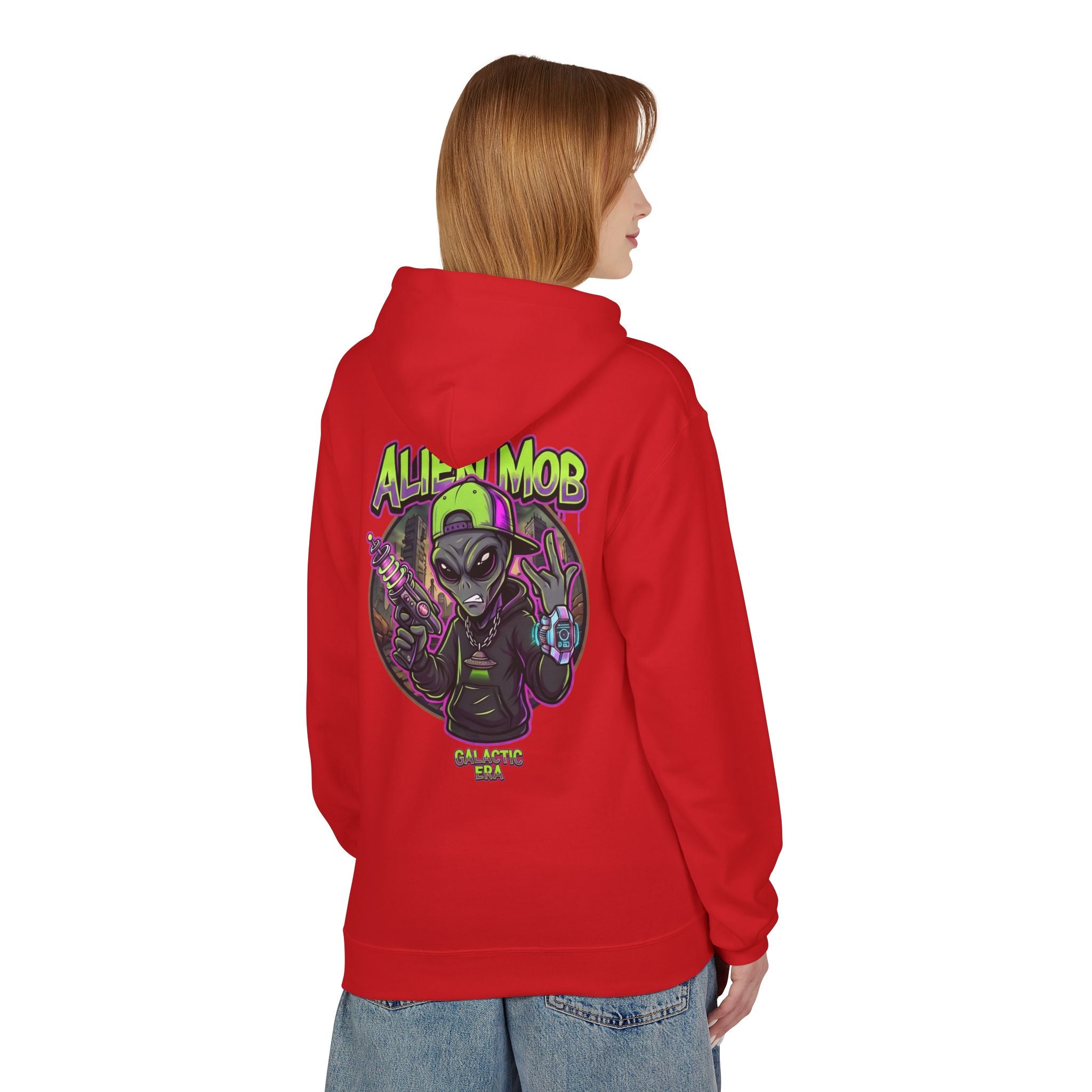 Red alien hip hop pullover hoodie worn by woman back view showing bold Alien Mob Galactic Era graphic – streetwear

