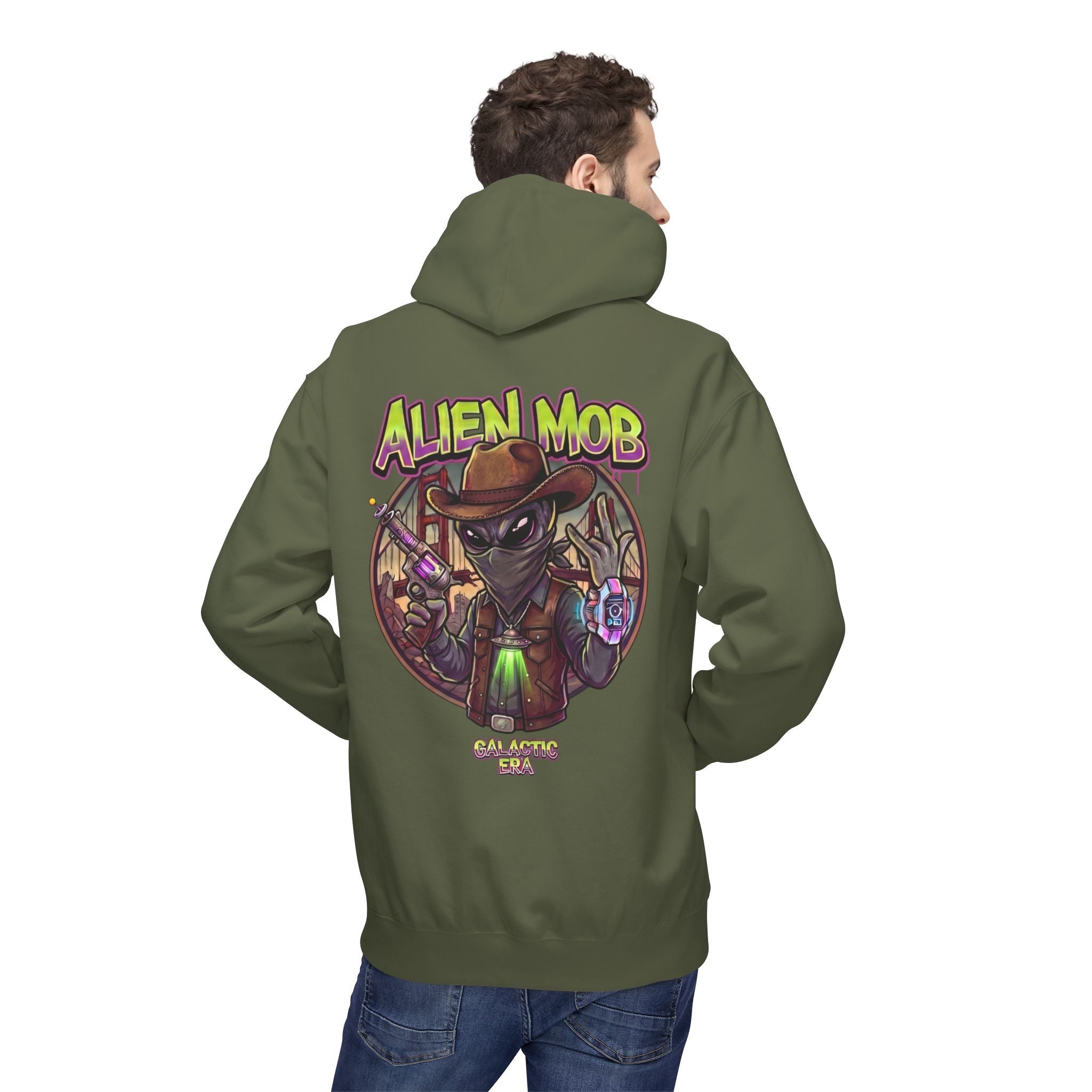 Alien Mob Graphic Hoodie — Retro Sci‑Fi Alien Cowboy Pullover - Americanwolf87