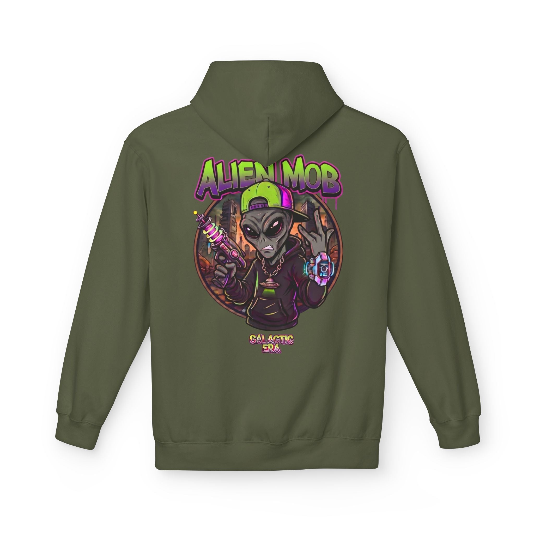 Alien Mob Hoodie  Military Green Back View — Graphic Alien Streetwear Pullover - Americanwolf87