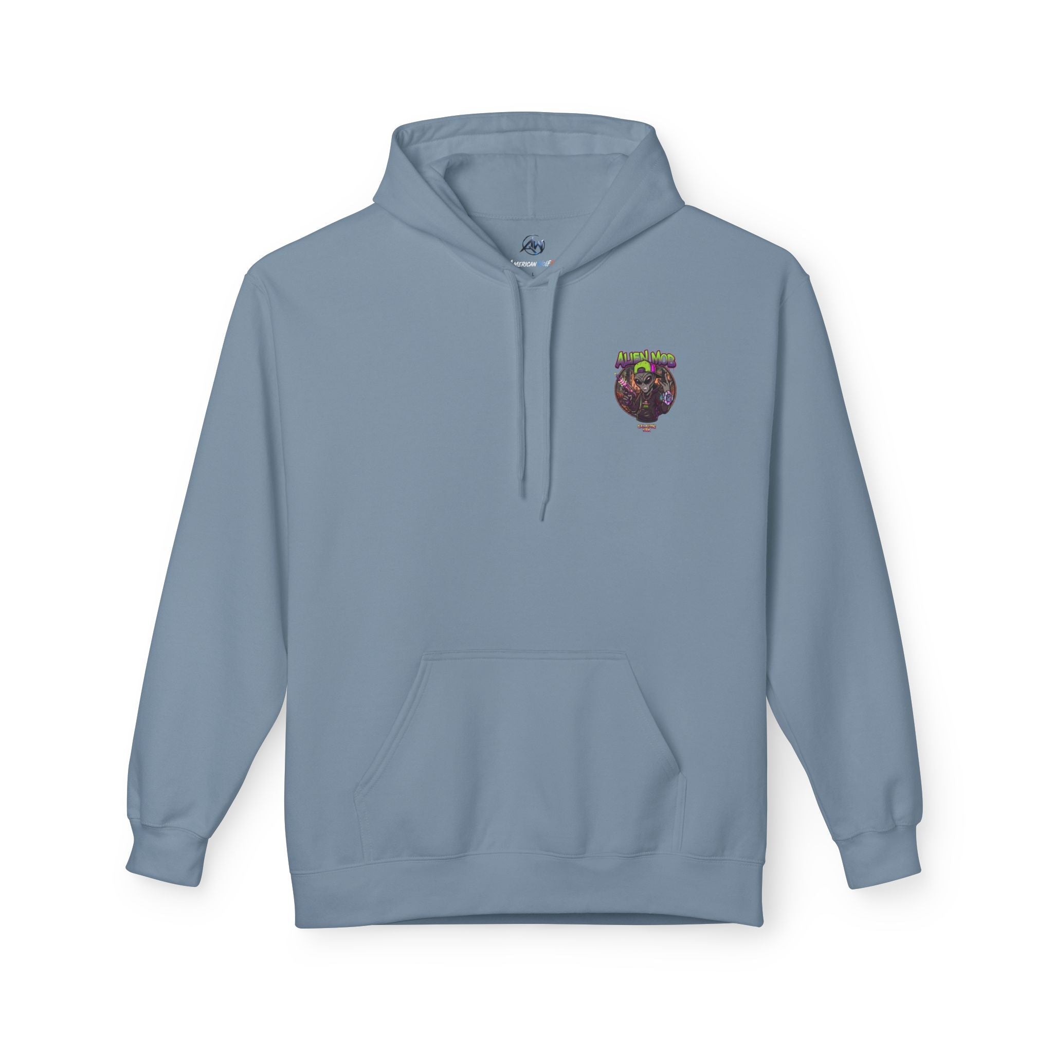 Alien Mob Hoodie  Stone Blue Color Front View — Graphic Alien  Chest Logo Streetwear Pullover - Americanwolf87