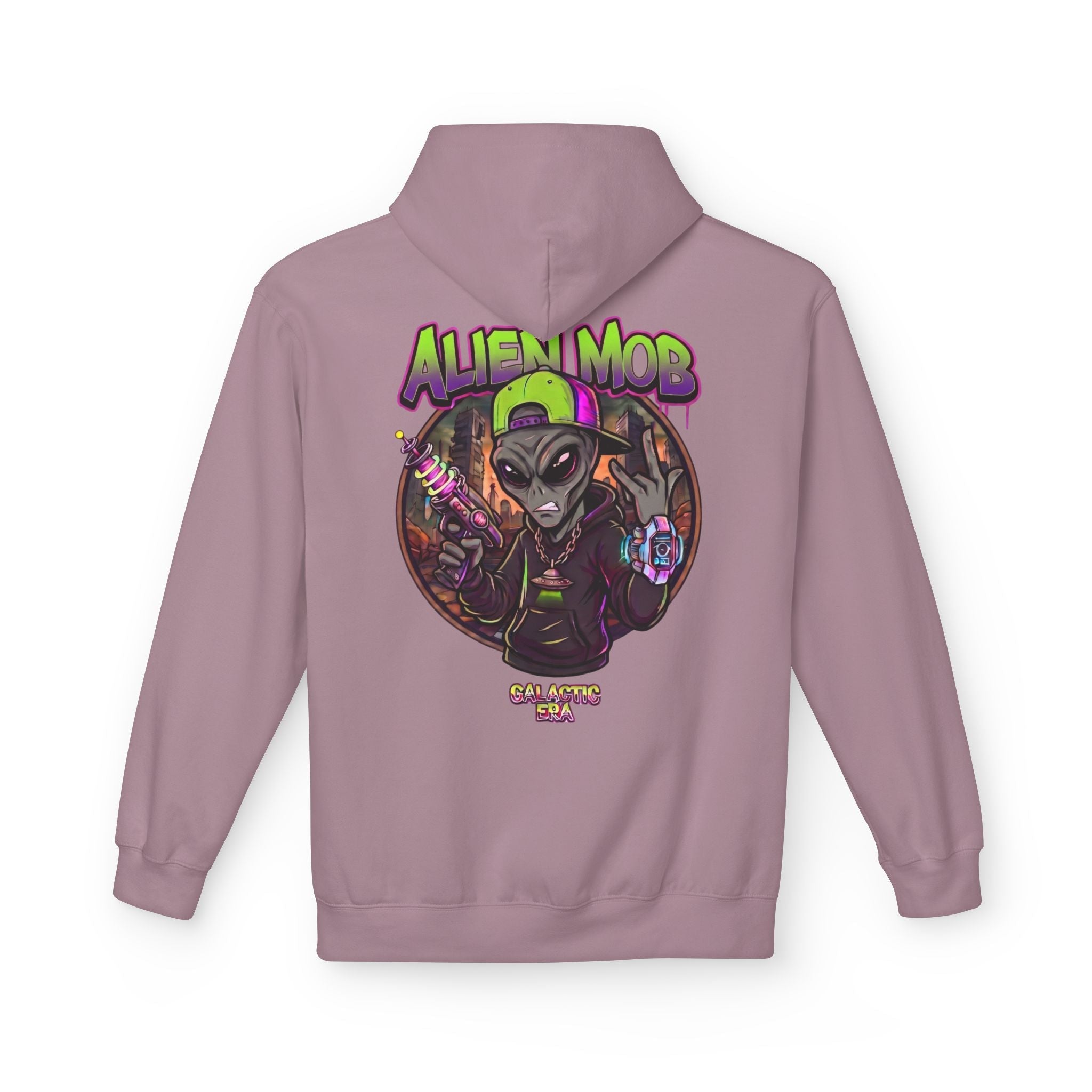 Alien Mob Hoodie Paragon Color Back View — Graphic Alien Streetwear Pullover - Americanwolf87
