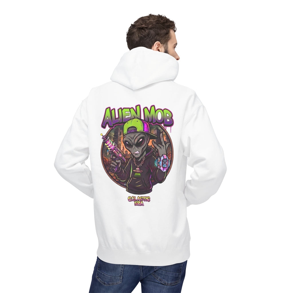 Alien Mob Hoodie White Color Back View Male Model — Graphic Alien Streetwear Pullover - Americanwolf87