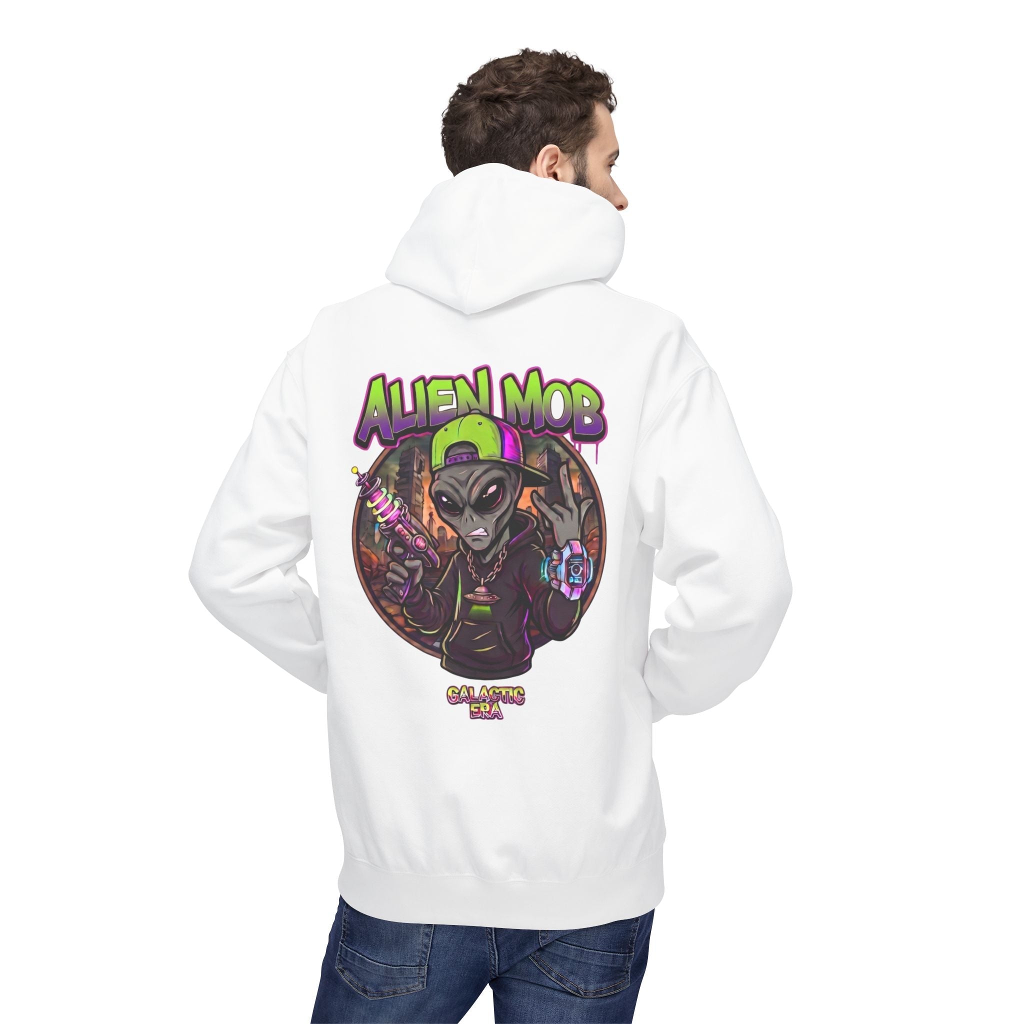 Alien Mob Hoodie White Color Back View Male Model — Graphic Alien Streetwear Pullover - Americanwolf87