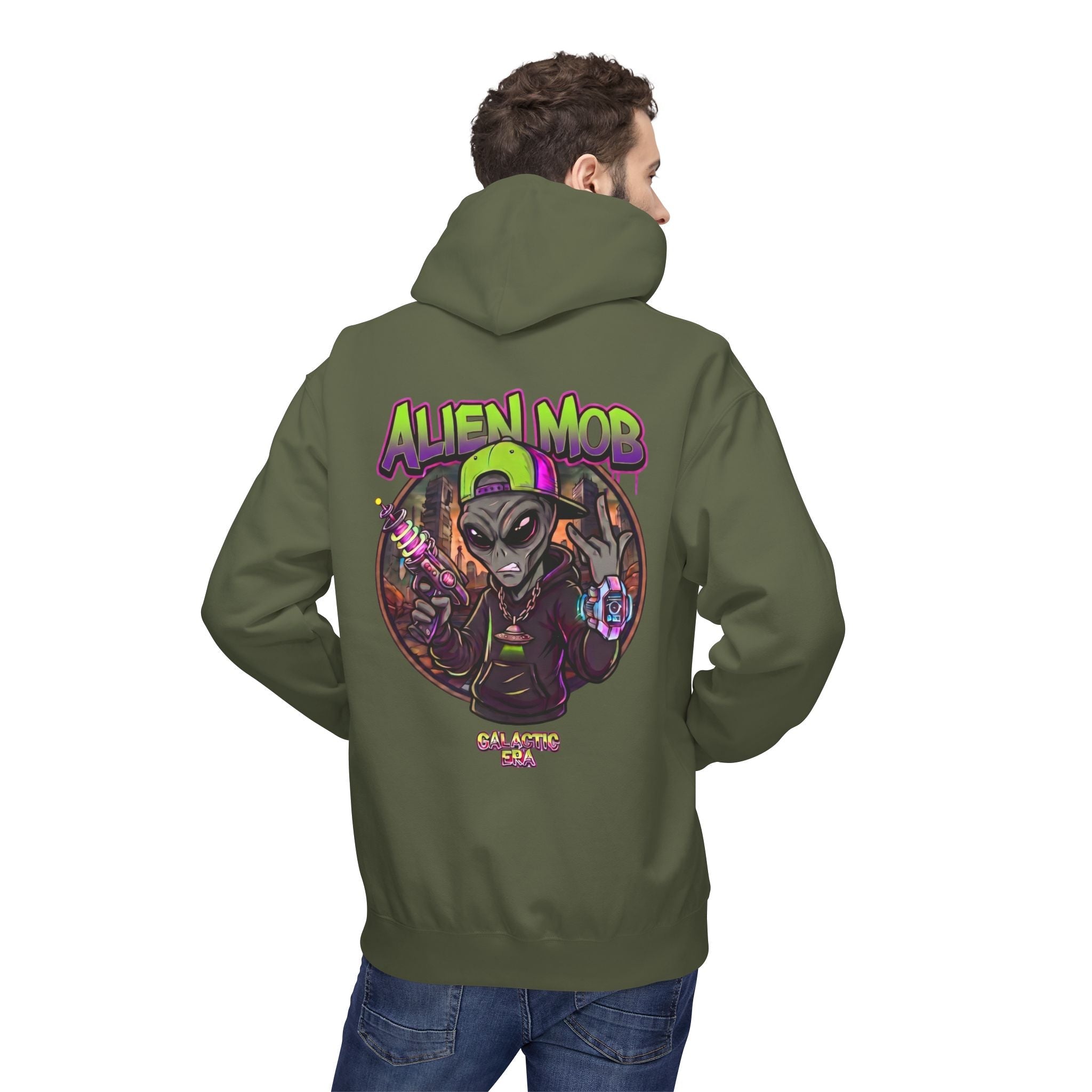 Alien Mob Hoodie  Military Green Color Back View Male Model— Graphic Alien Streetwear Pullover - Americanwolf87