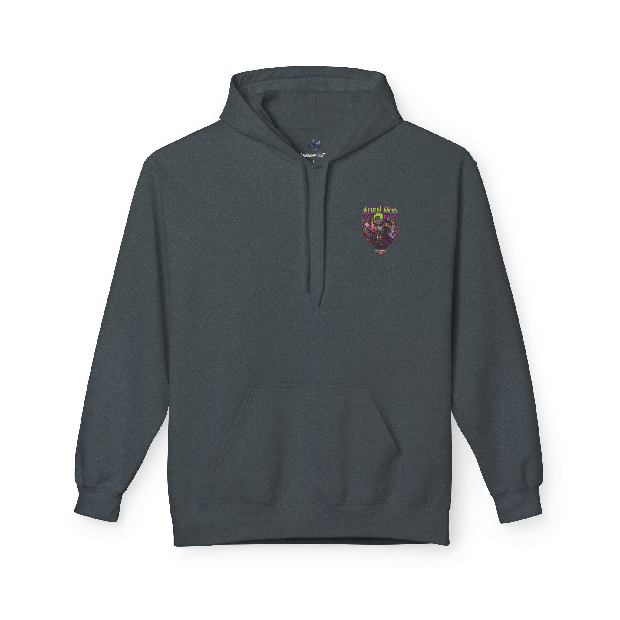 Alien Mob Hoodie  Dark Heather Grey  Color Front View — Graphic Alien  Chest Logo Streetwear Pullover - Americanwolf87