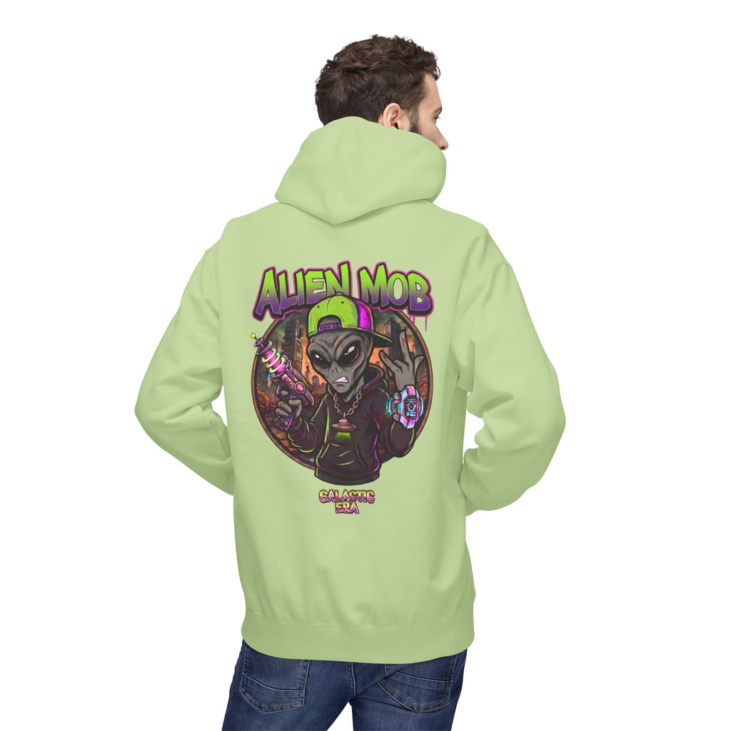 Alien Mob Hoodie  Pistachio Color Back View Male Model— Graphic Alien Streetwear Pullover - Americanwolf87