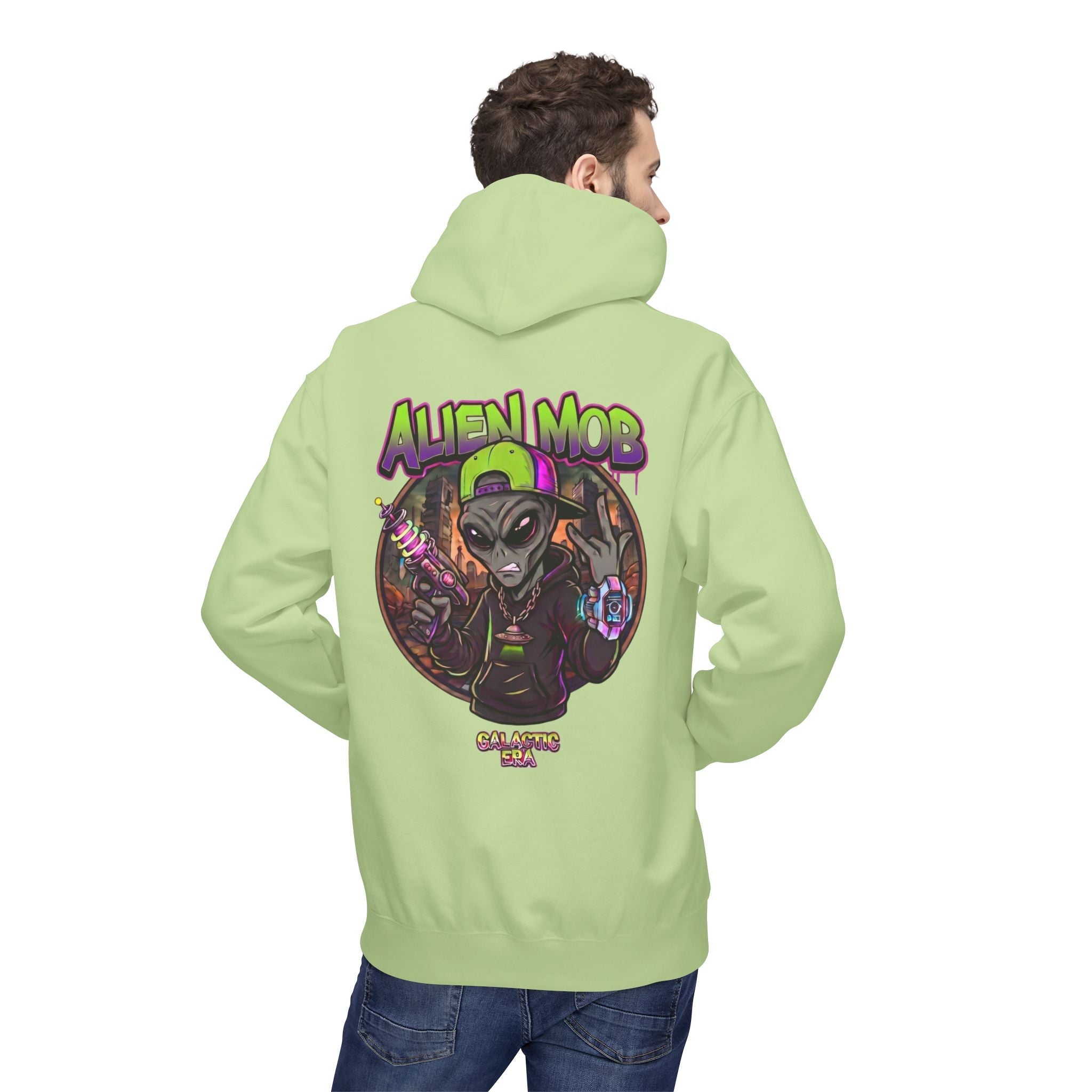 Alien Mob Hoodie  Pistachio Color Back View Male Model— Graphic Alien Streetwear Pullover - Americanwolf87