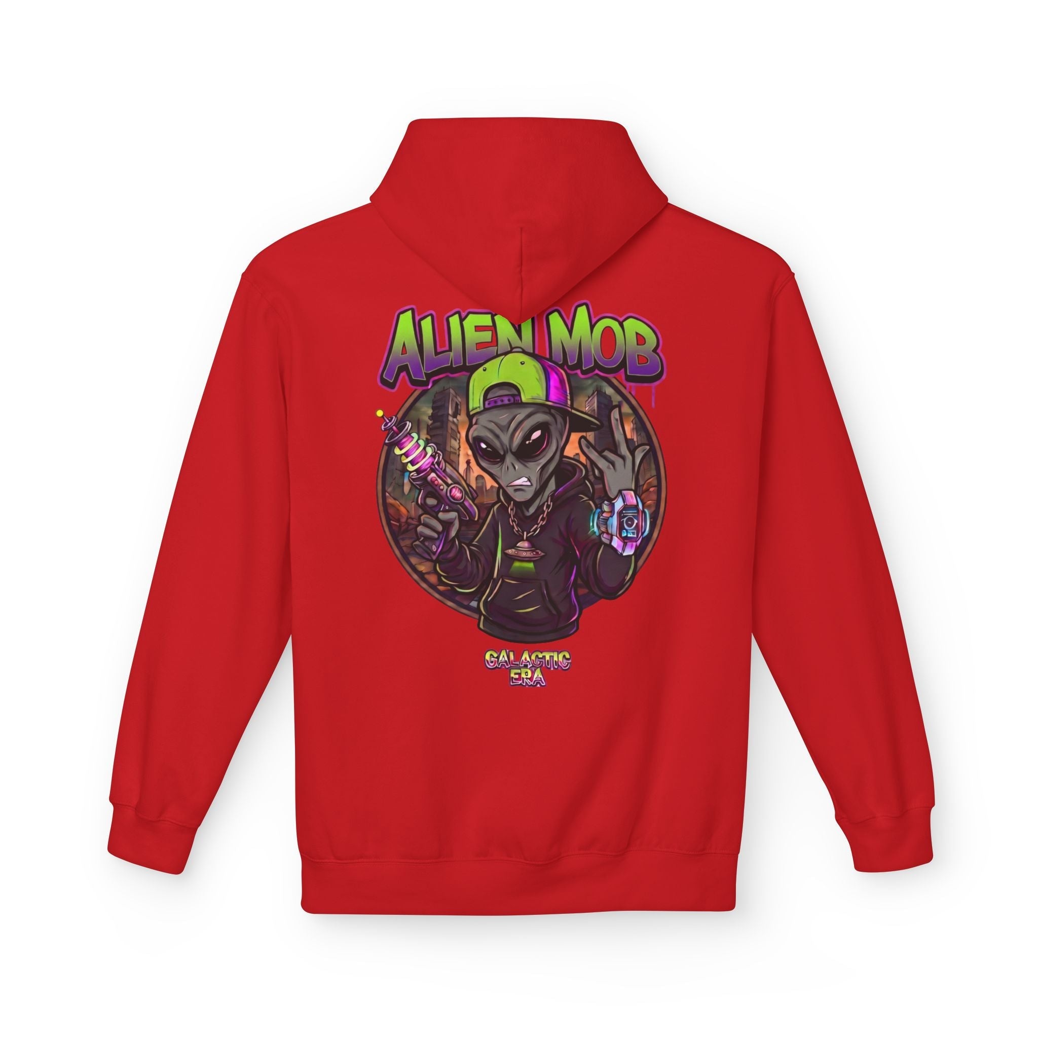 Alien Mob Hoodie  Red Color Back View— Graphic Alien Streetwear Pullover - Americanwolf87