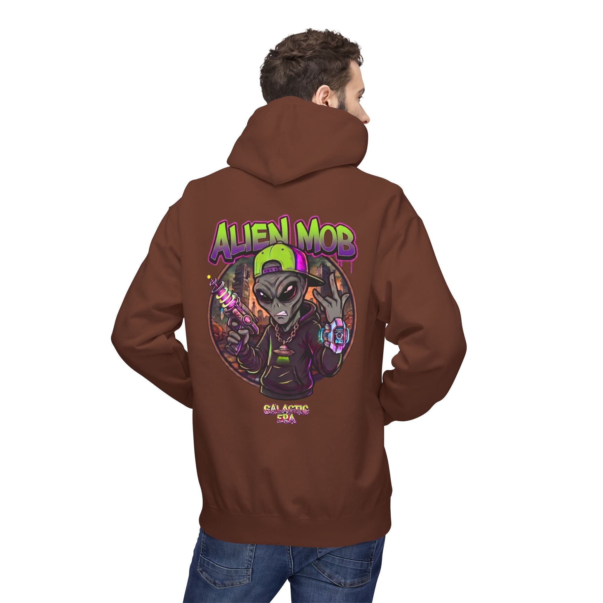 Alien Mob Hoodie Cocoa Color Back View Male  model— Graphic Alien Streetwear Pullover - Americanwolf87