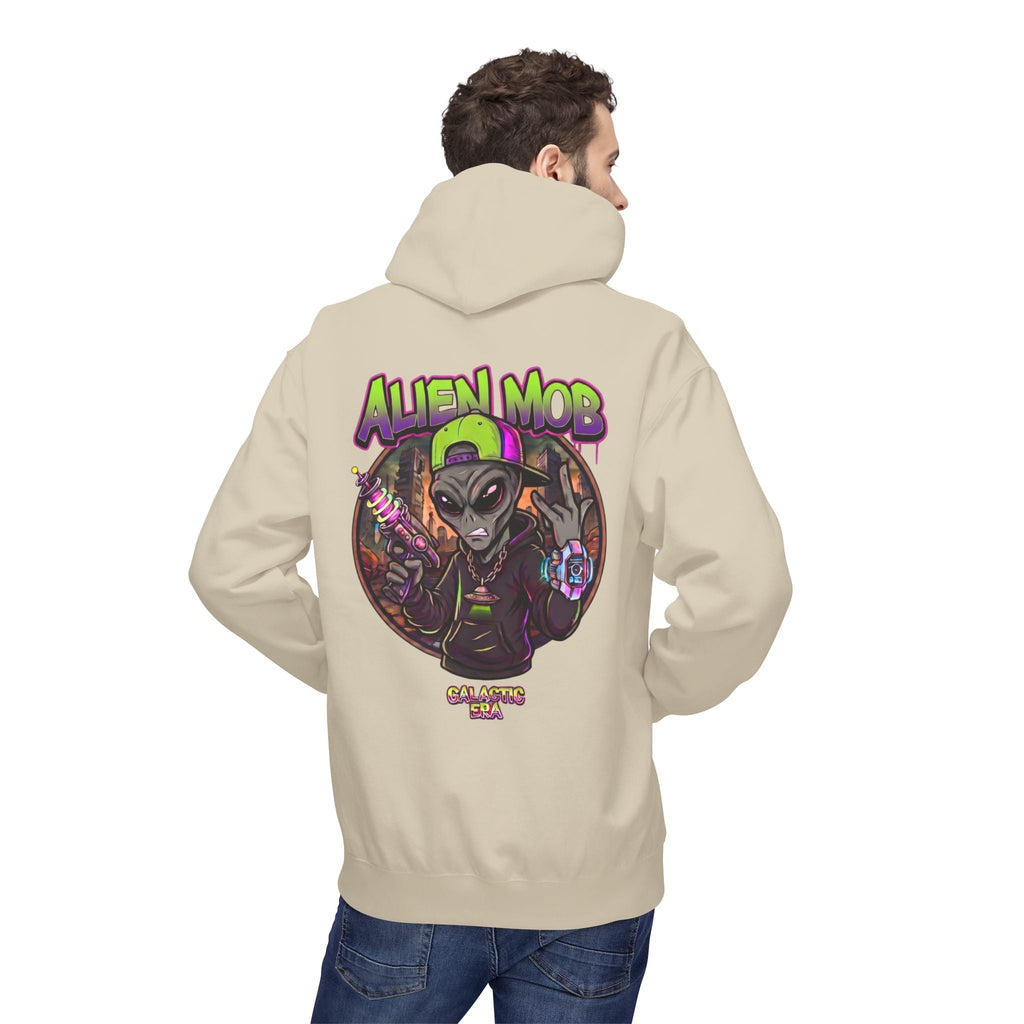 Alien Mob Hoodie Sand Color Back View Male Model — Graphic Alien Streetwear Pullover - Americanwolf87