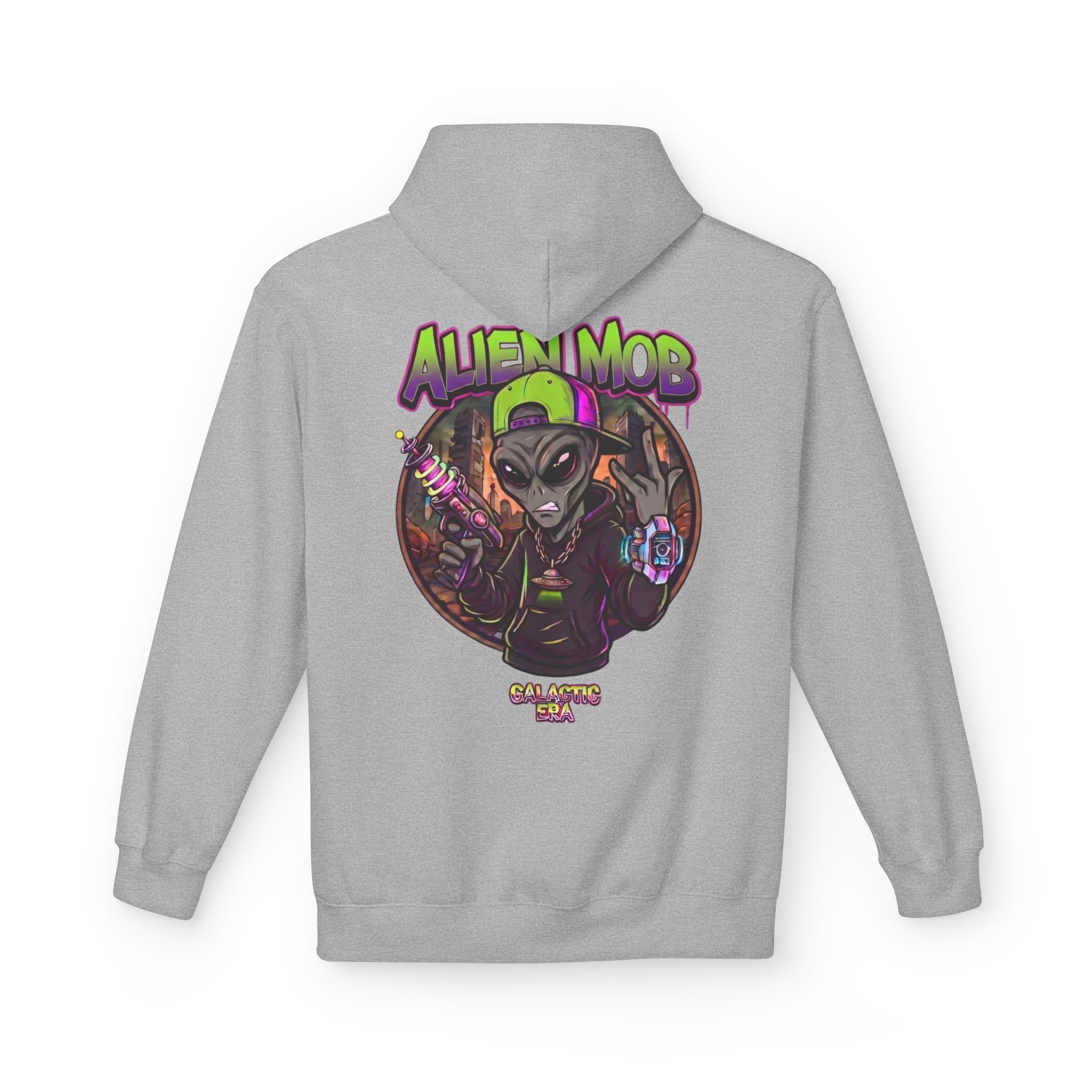 Alien Mob Hoodie  Sports Grey Back View— Graphic Alien Streetwear Pullover - Americanwolf87