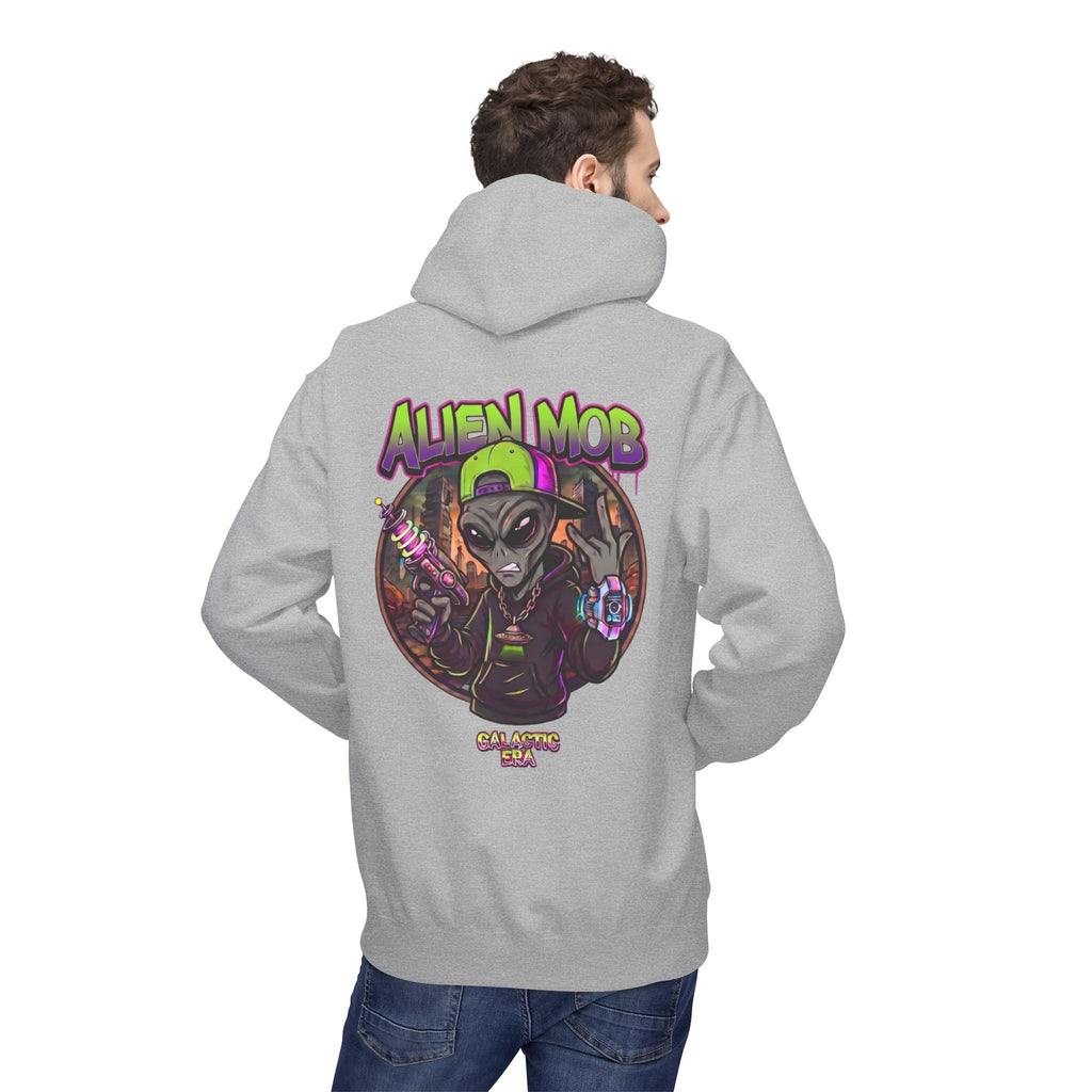 Alien Mob Hoodie  Sports Grey Back View Male Model— Graphic Alien Streetwear Pullover - Americanwolf87