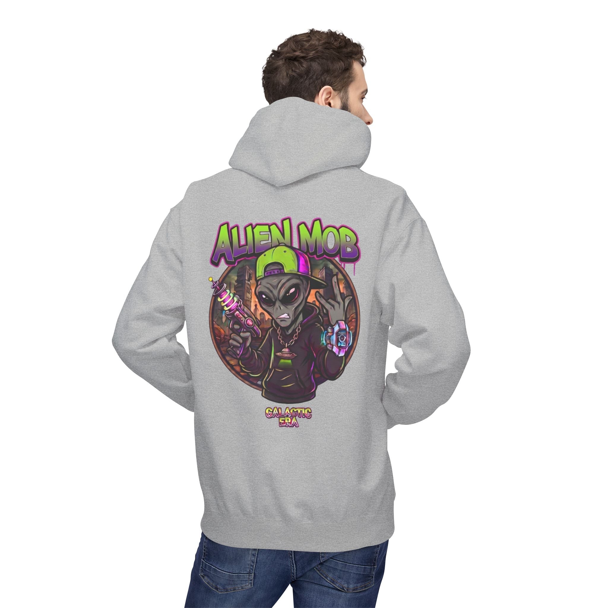 Alien Mob Hoodie  Sports Grey Back View Male Model— Graphic Alien Streetwear Pullover - Americanwolf87
