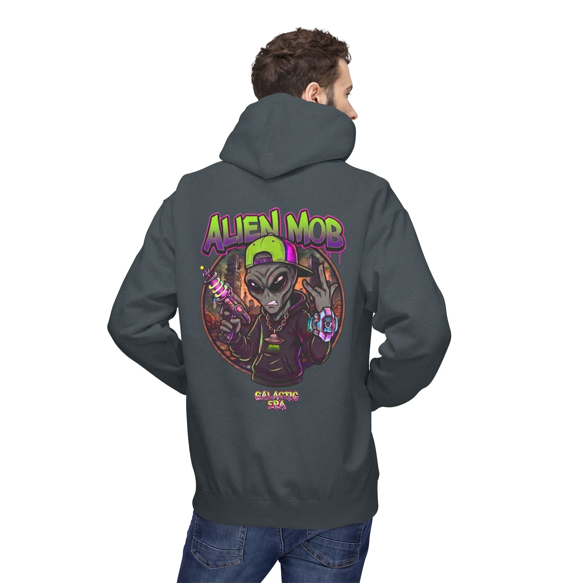 Alien Mob Hoodie Dark Heather Grey Color Back View Male Model — Graphic Alien Streetwear Pullover - Americanwolf87