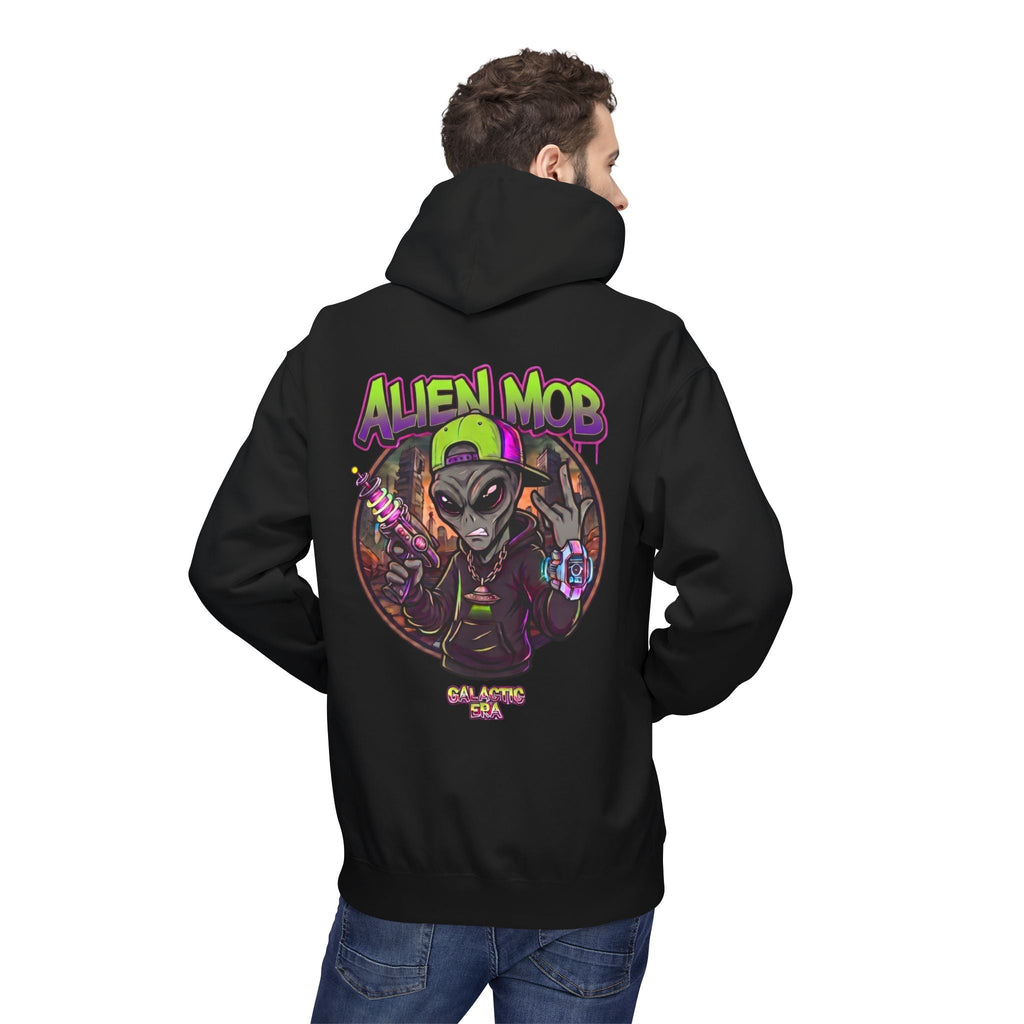 Alien Mob Hoodie  Black Color Back View Male Model— Graphic Alien Streetwear Pullover - Americanwolf87