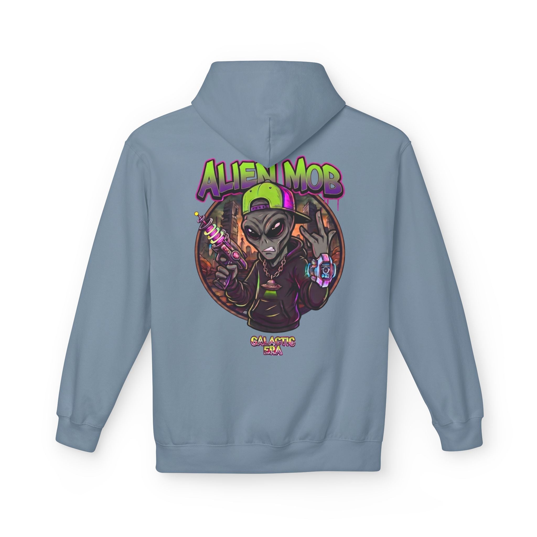 Alien Mob Hoodie  Stone Blue Color Back View— Graphic Alien Streetwear Pullover - Americanwolf87