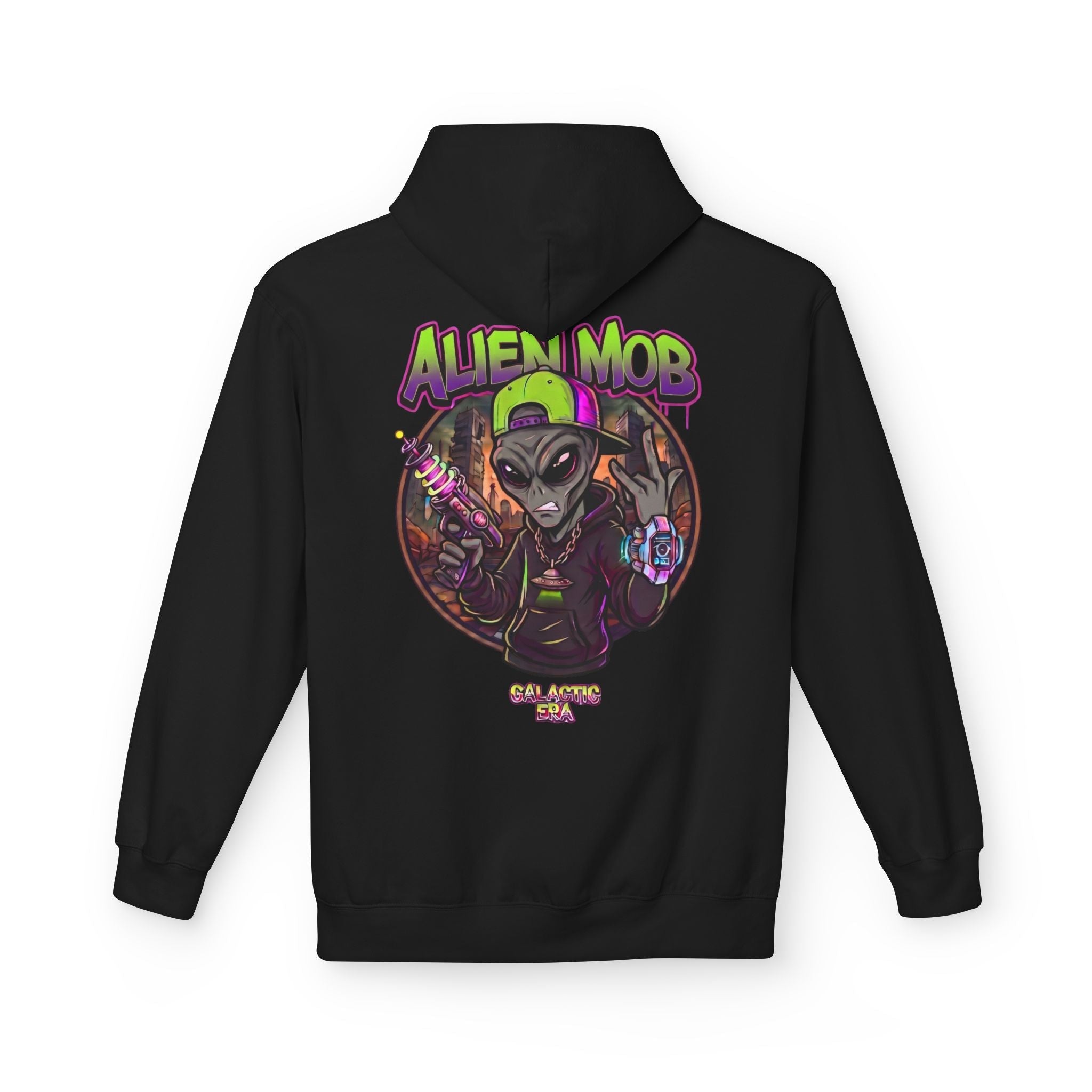 Alien Mob Hoodie  Black Color Back View — Graphic Alien Streetwear Pullover - Americanwolf87