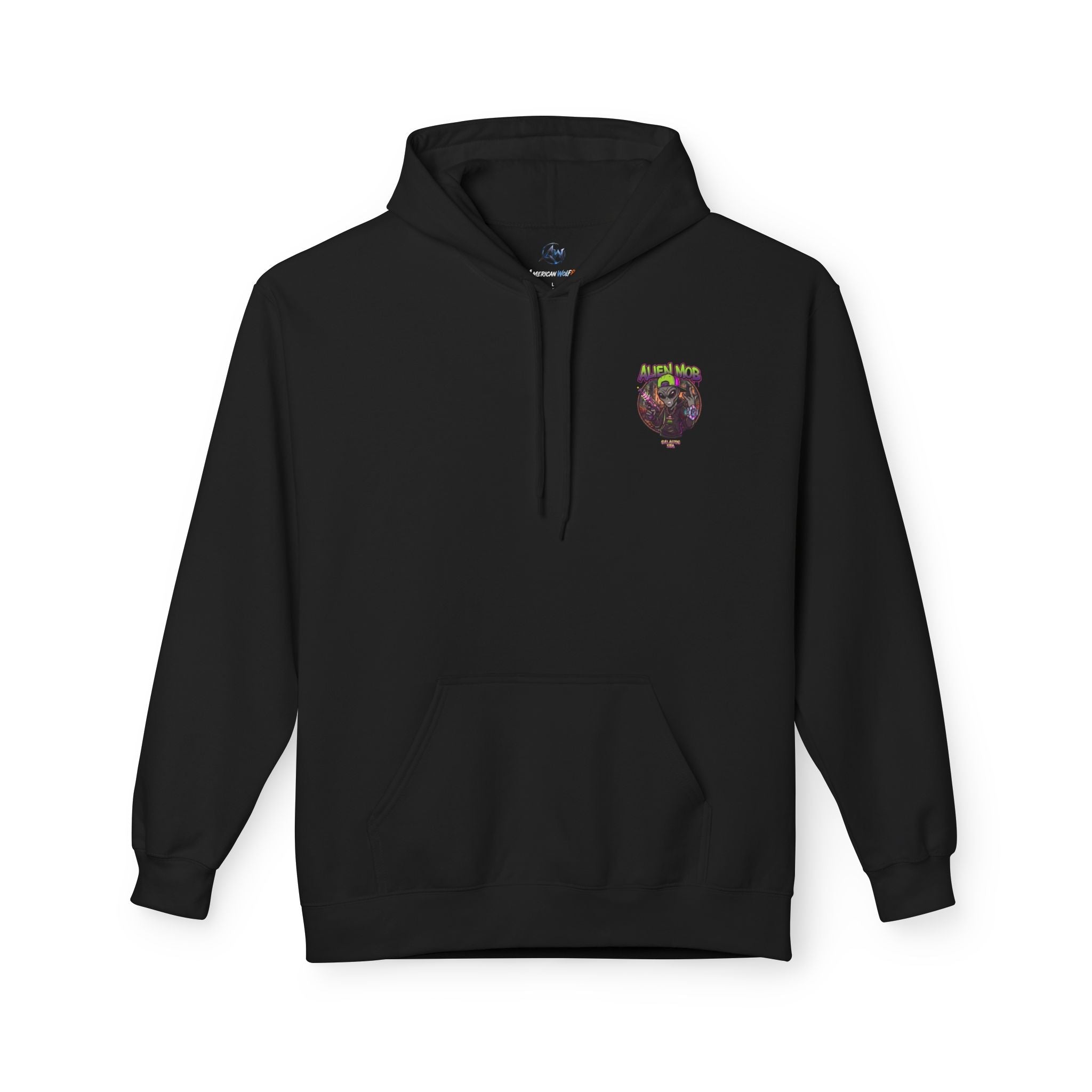 Alien Mob Hoodie  Black Color Front View — Graphic Alien Chest Logo Streetwear Pullover - Americanwolf87