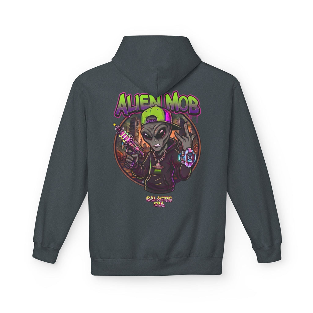 Alien Mob Hoodie Dark Heather grey Color Back View — Graphic Alien Streetwear Pullover - Americanwolf87