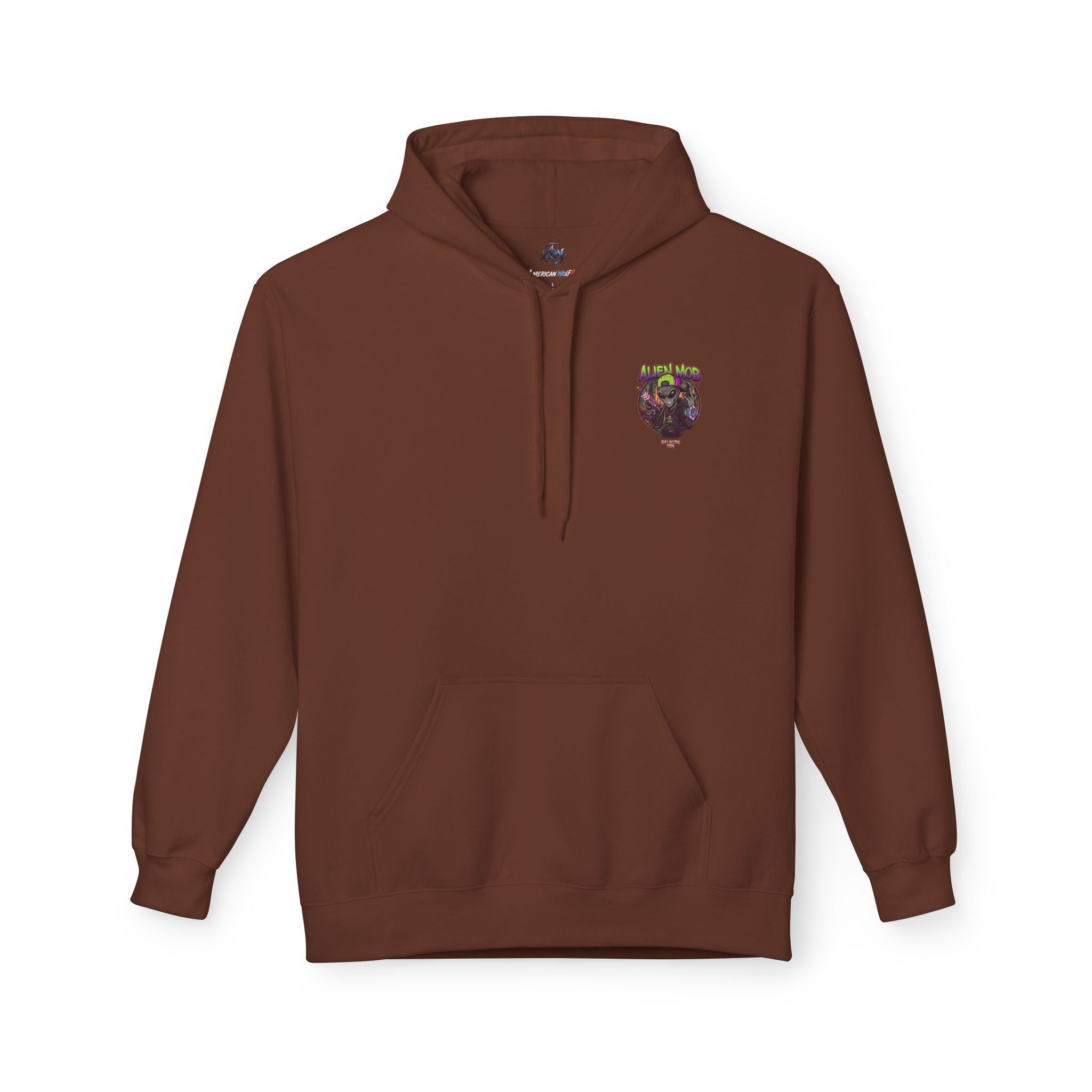 Alien Mob Hoodie  Cocoa Color Front View — Graphic Alien  Chest Logo Streetwear Pullover - Americanwolf87