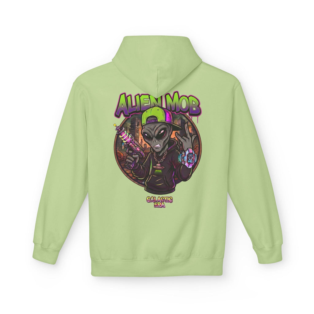 Alien Mob Hoodie  Pistachio Color Back View— Graphic Alien Streetwear Pullover - Americanwolf87