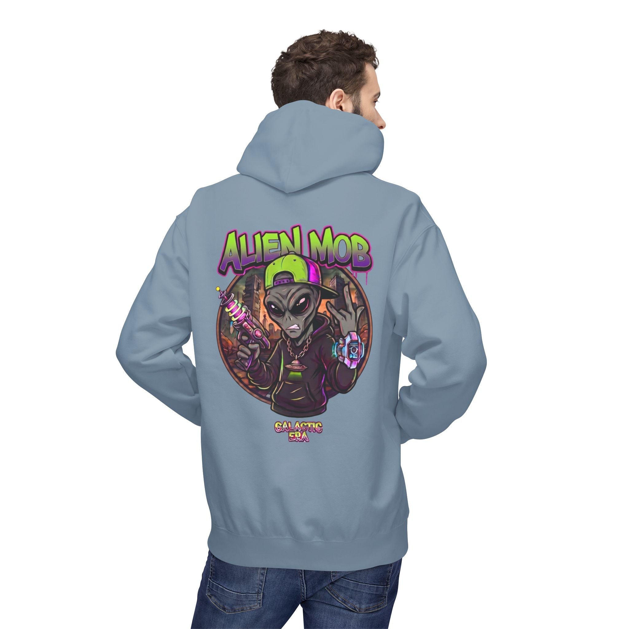 Alien Mob Hoodie  Stone Blue Color Back View Male Model— Graphic Alien Streetwear Pullover - Americanwolf87