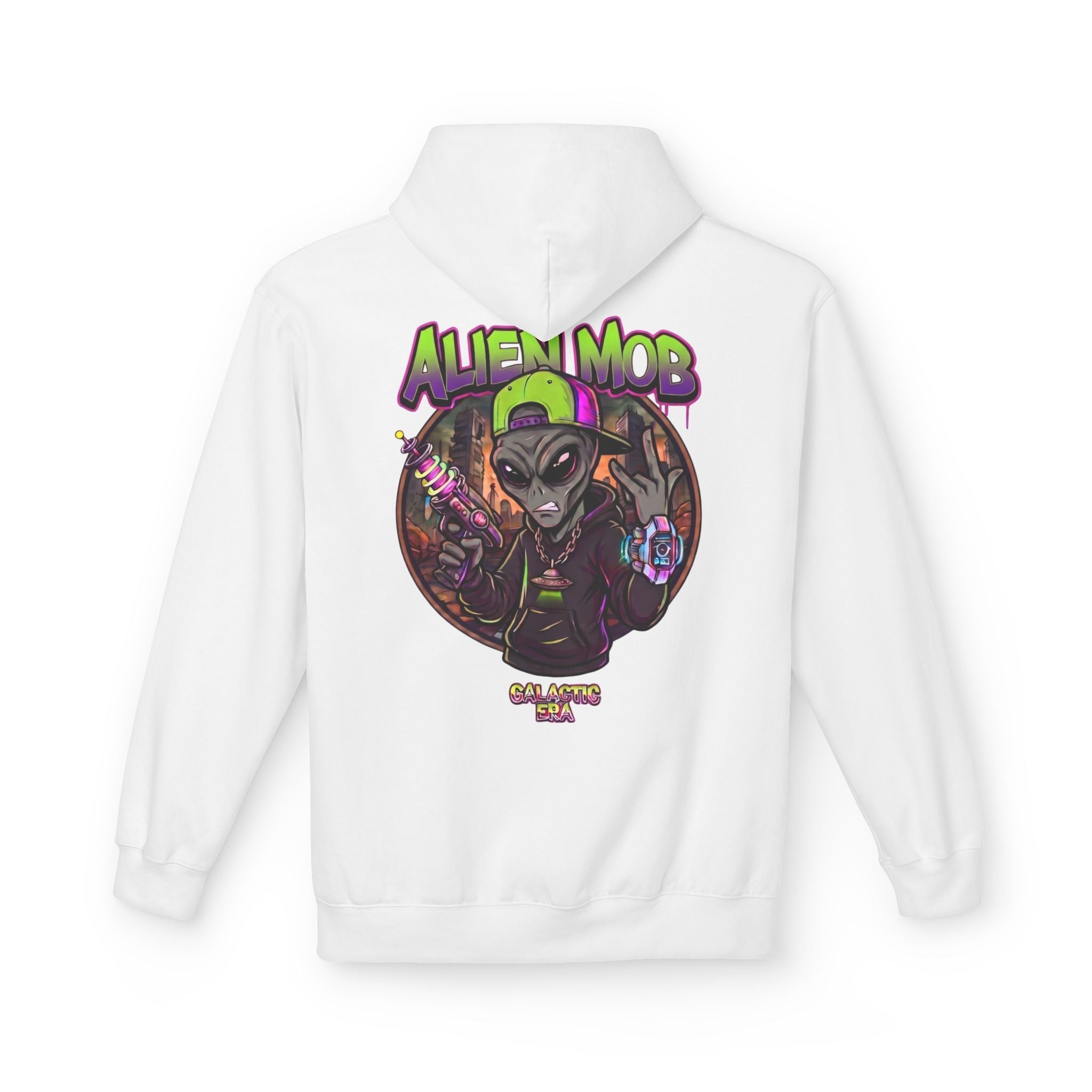 Alien Mob Hoodie  White Color Back View — Graphic Alien Streetwear Pullover - Americanwolf87