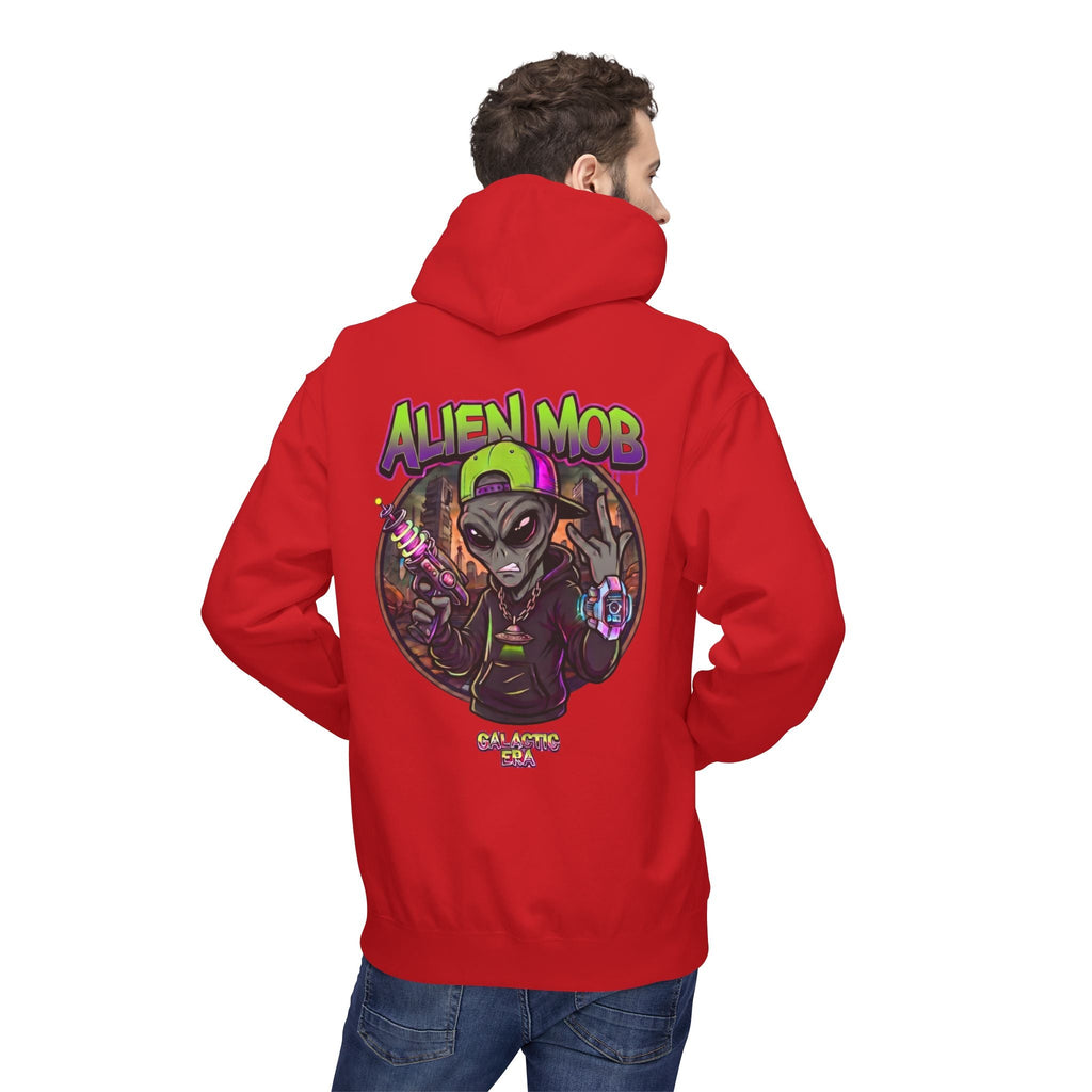Alien Mob Hoodie  Red color Back View Male Model— Graphic Alien Streetwear Pullover - Americanwolf87