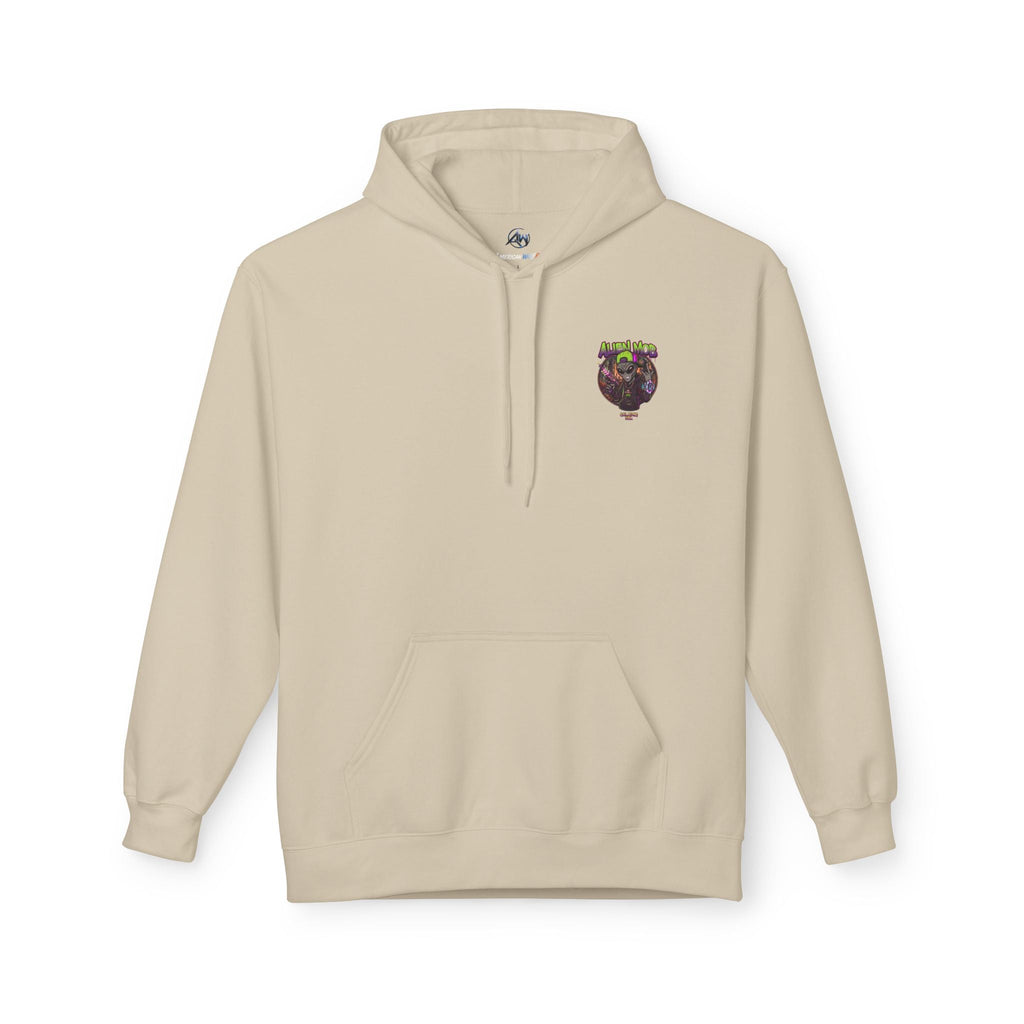 Alien Mob Hoodie Sand Color Front View  — Graphic Alien  Chest Logo Streetwear Pullover - Americanwolf87