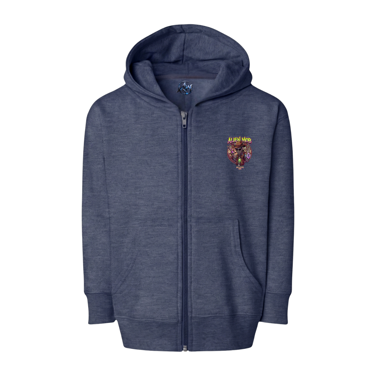 A navy blue heather zip-up hoodie with a small colorful  Alien cowboy graphic on the left chest, displayed on a clean white background. Front view