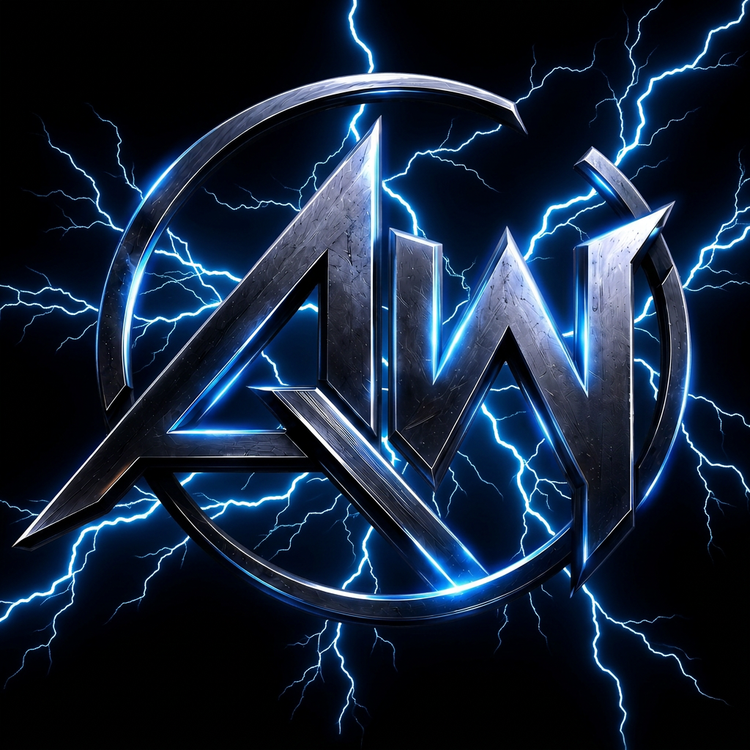 Silver AW crest surrounded by blue lightning