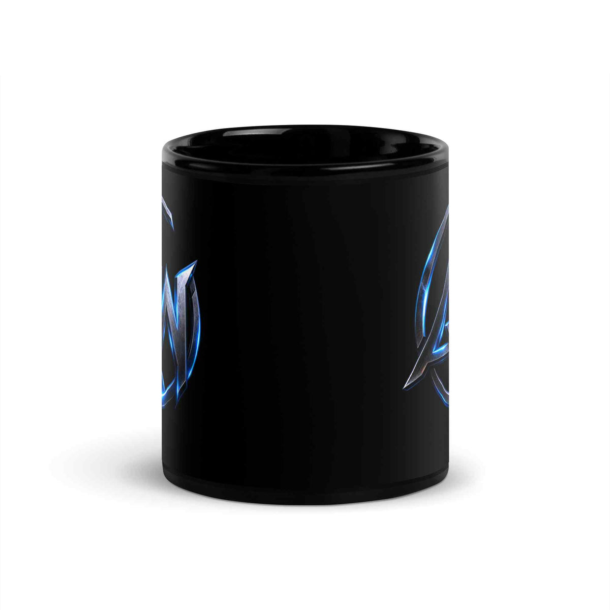 A glossy black ceramic mug featuring a blue and silver metallic AW logo printed on the side, shown against a plain white background.