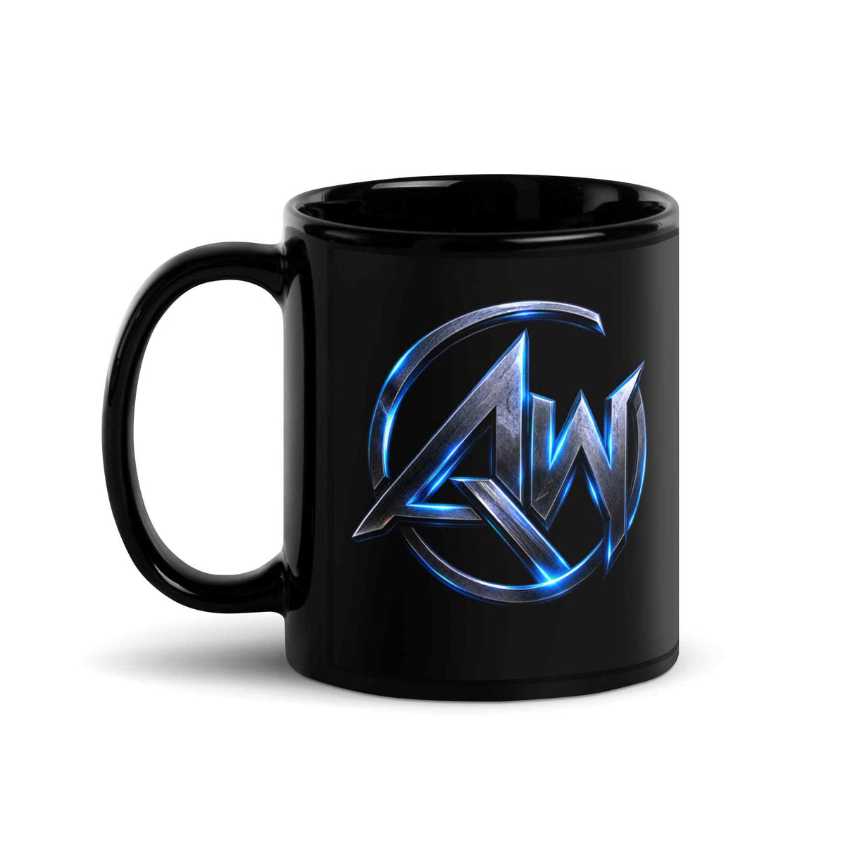A glossy black ceramic mug featuring a metallic blue and silver -style 'AW' logo printed on the side, set against a plain white background.