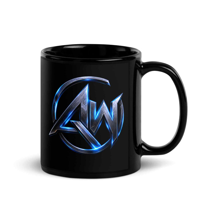 A glossy black ceramic mug featuring a metallic blue and silver Avengers-style 'AW' logo printed on the side, set against a plain white background.