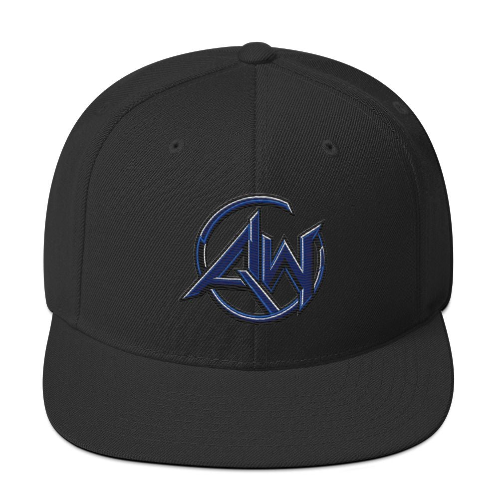 A black structured baseball cap with a flat brim, featuring a blue and black embroidered circular 'AW' logo on the front, set against a plain white background.