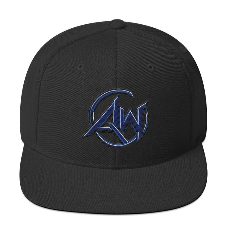 A black structured baseball cap with a flat brim, featuring a blue and black embroidered circular 'AW' logo on the front, set against a plain white background.