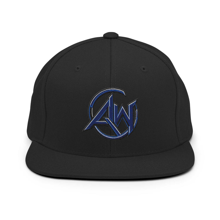 A black flat-brim snapback cap featuring a blue and silver metallic embroidered 'AW' logo on the front, set against a plain white background.