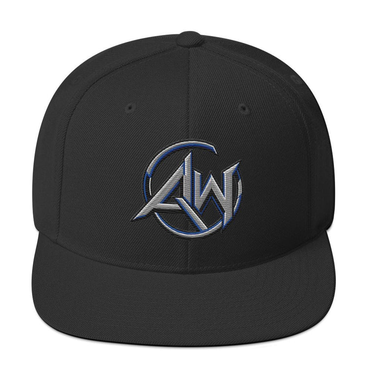 A black structured baseball cap with a flat brim, featuring a metallic silver and blue embroidered AW logo on the front center.