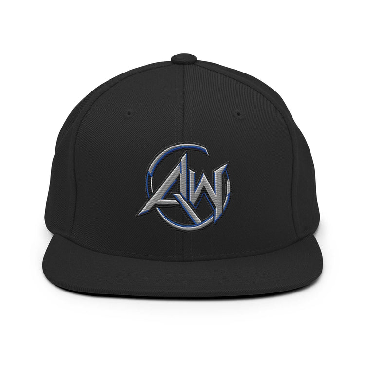 A black flat-brim snapback cap featuring a metallic silver and blue embroidered 'AW' logo on the front, set against a plain white background.