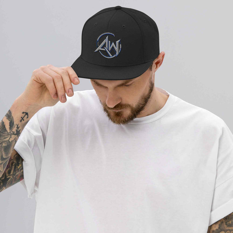 Man wearing a Black cap with 'AW logo on a gray background