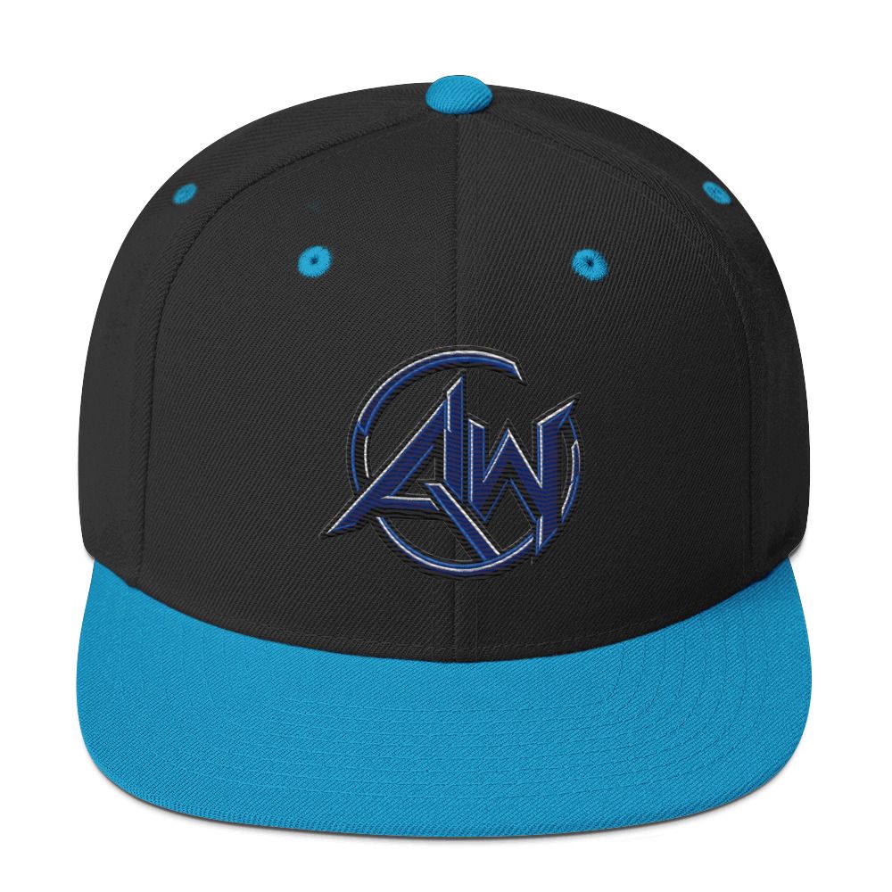 A structured snapback cap with a black crown and a bright blue visor, featuring a blue and black embroidered 'AW' logo on the front. The cap has matching blue eyelets and a blue button on top, set against a plain white background.