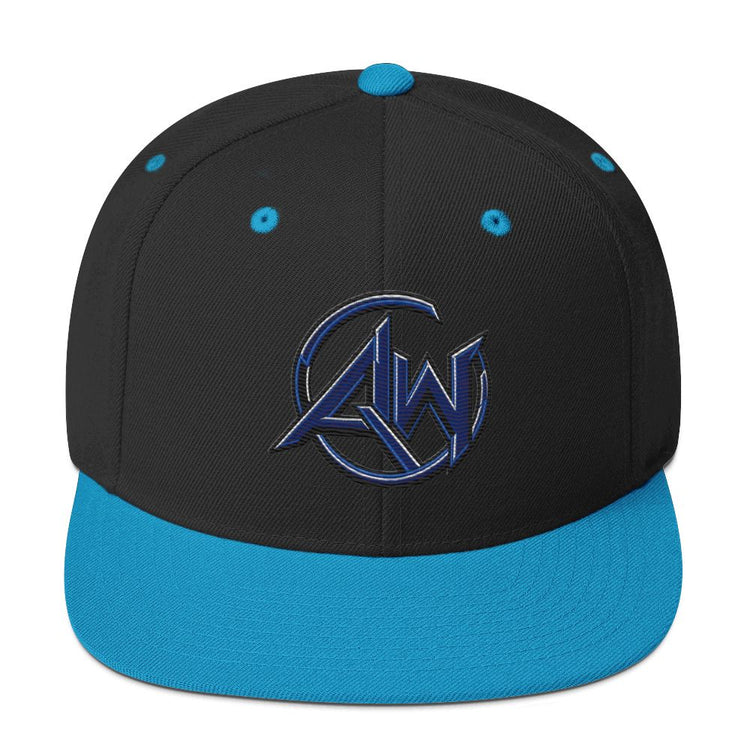 A structured snapback cap with a black crown and a bright blue visor, featuring a blue and black embroidered 'AW' logo on the front. The cap has matching blue eyelets and a blue button on top, set against a plain white background.