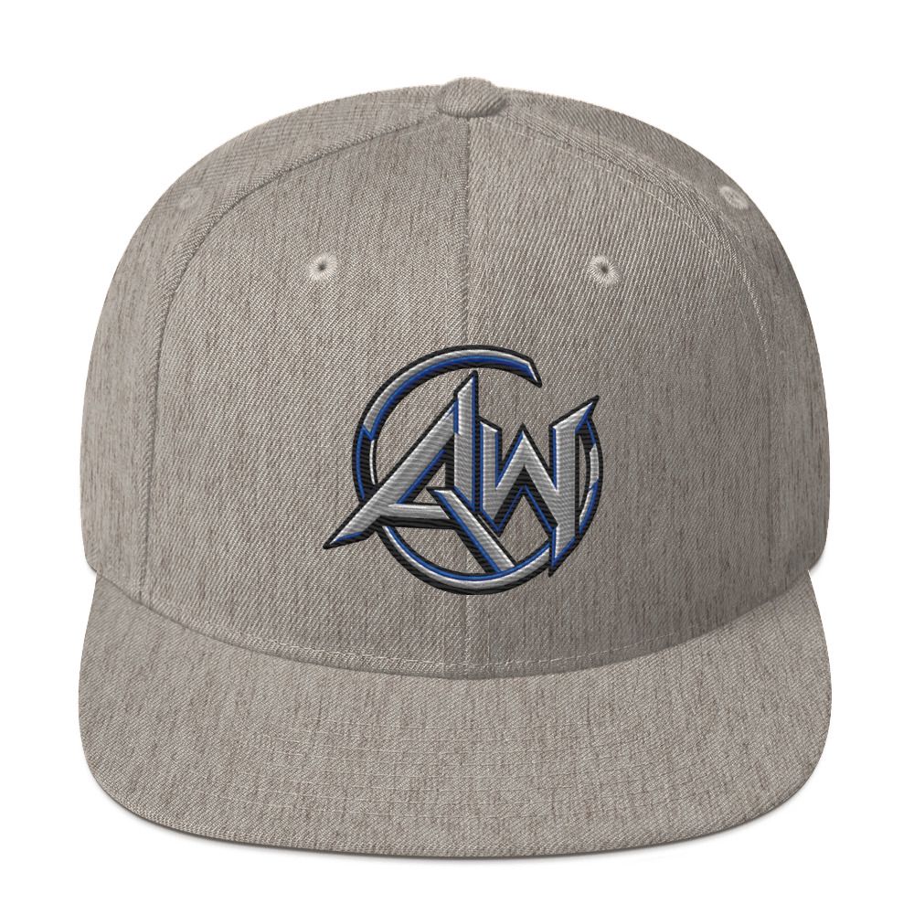 A heather gray snapback cap featuring a metallic blue and silver embroidered AW circular logo on the front, set against a plain white background.