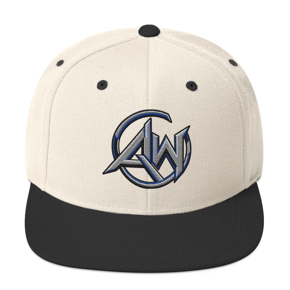 A structured baseball cap with an off-white crown and a black flat brim, featuring a metallic blue and silver stylized 'AW' logo embroidered on the front.
